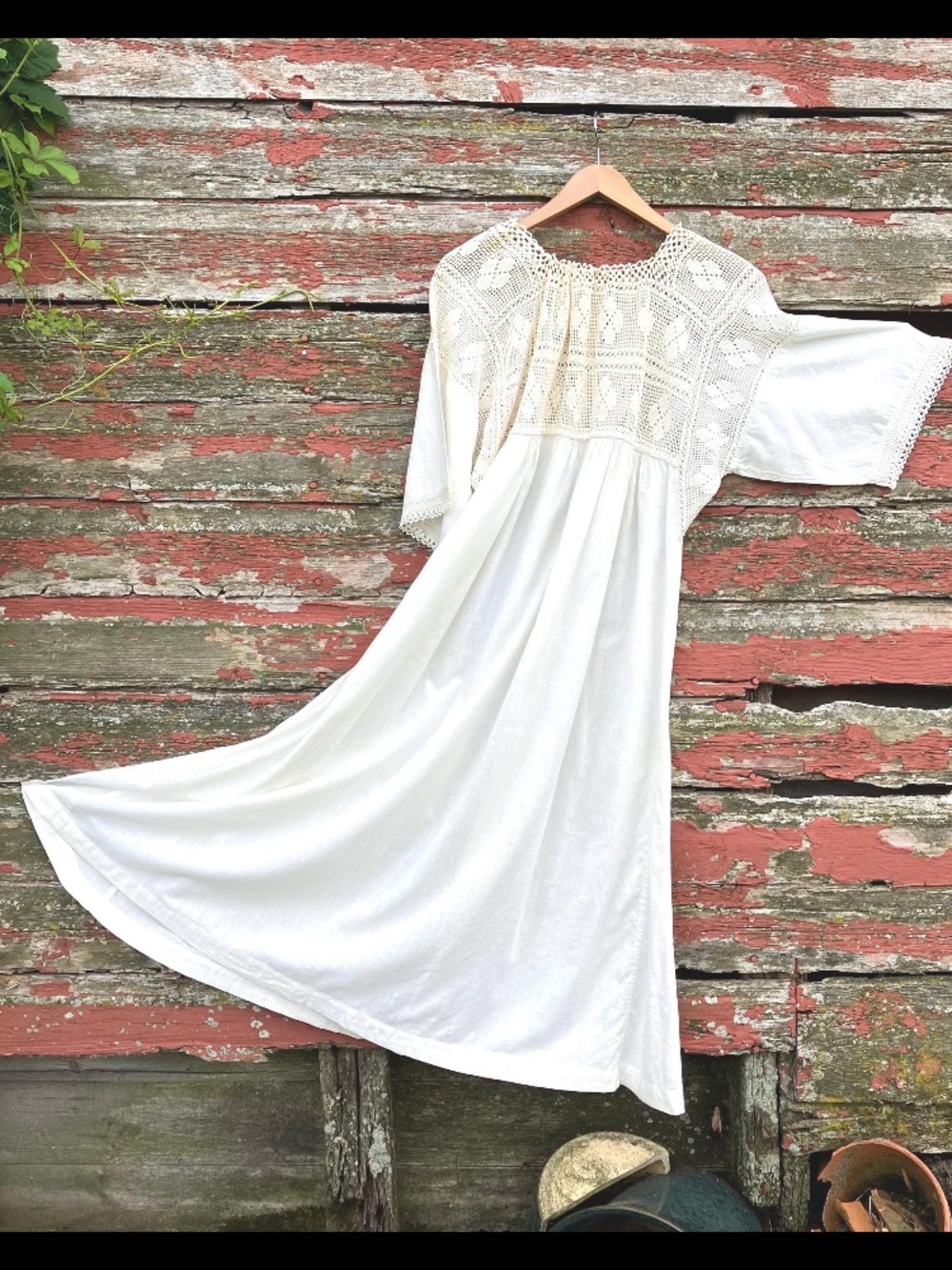 Antique 1920s Edwardian Crochet Yoke White Cotton Maxi Nightgown Dress S to L